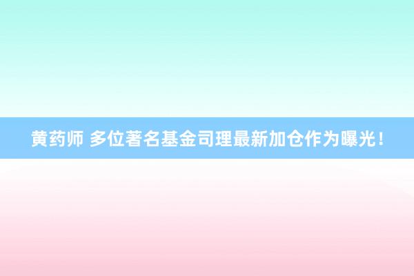 黄药师 多位著名基金司理最新加仓作为曝光！