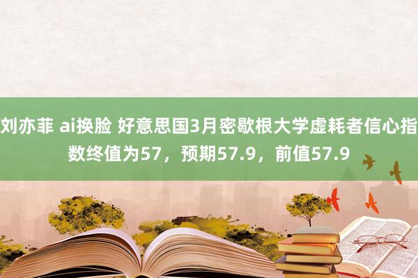 刘亦菲 ai换脸 好意思国3月密歇根大学虚耗者信心指数终值为57，预期57.9，前值57.9
